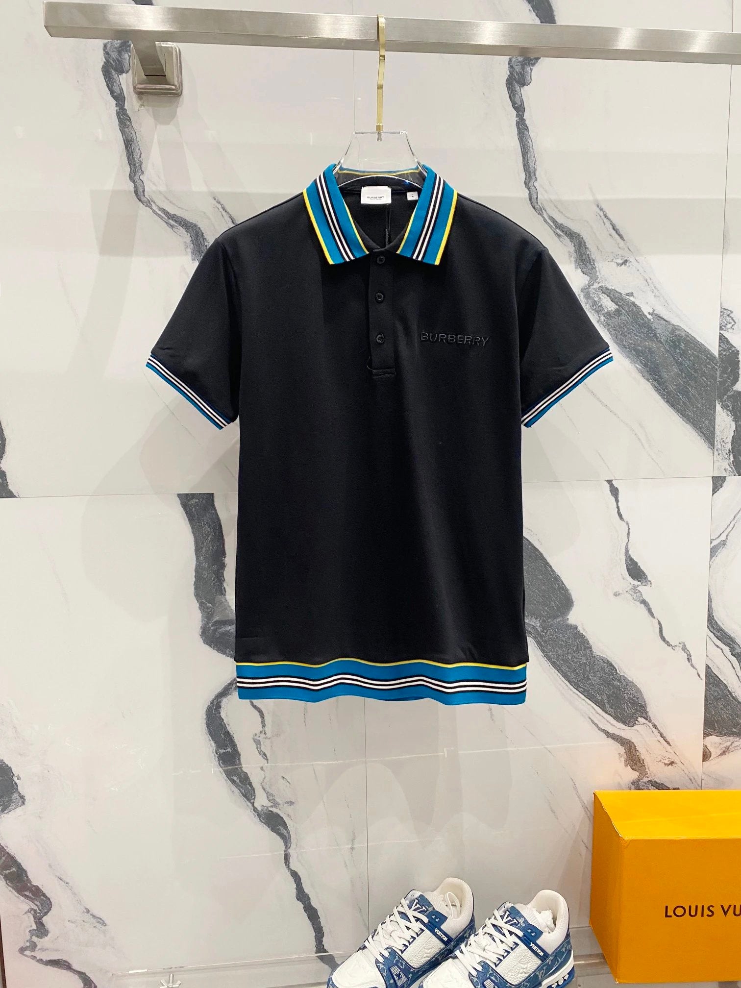 Burberry T-shirt Embroidered Small Letters LOGO Striped Stitching POLO Short Sleeve Shirt with Turn-down Collar for Men and Women, Summer Half Sleeve OS Loose T Business Casual Half Sleeve Shirt Plus Size T-Shirt