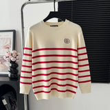 Gucci Sweater Red Apricot Striped Crew Neck Sweater25ss Spring New Thickened Long Sleeve Pullover Unisex OS Loose Fit Top Versatile Casual Jacket Lazy Style