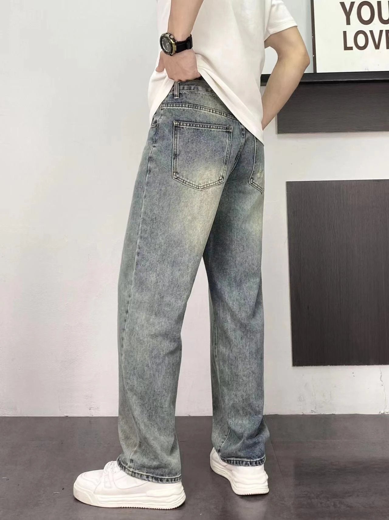 Dior Jeans Back Waist Leather Label Old Flower logo Straight Washed Blue Jeans Autumn Winter New Unisex Long Pants Loose Casual High Waist