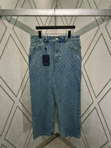Louis Vuitton LV Jeans Monogram Jacquard Weave Embellished with Pearl Buttons, Pocket Rivets, and Back Waist Leather Label logo Straight Washed Blue Jeans Autumn Winter New Unisex Loose Casual Wide Leg High Waist Pants