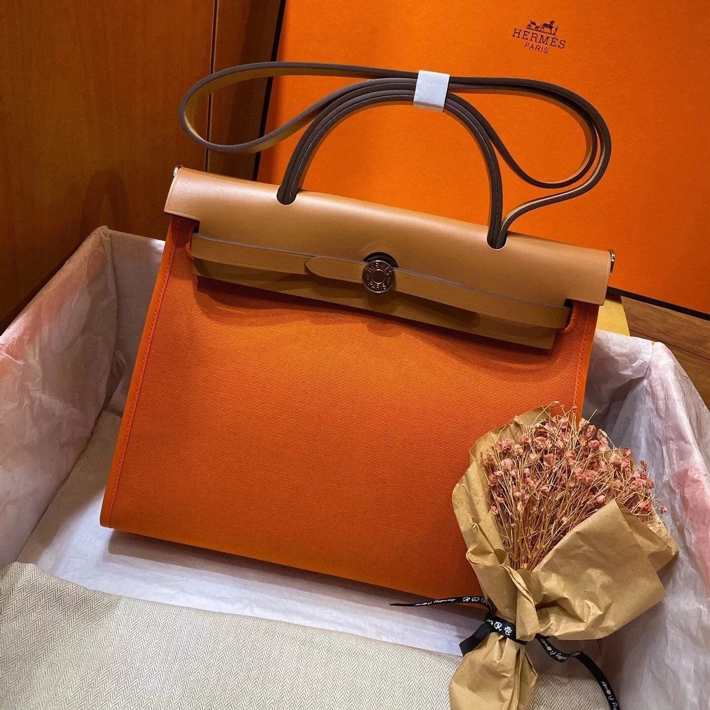 Hermes men's bag Top version 【H Handmade】Canvas Bag herbag31Canvas Stitching Leather One Shoulder Women's Crossbody Handbag Elephant Gray Electric Light Blue