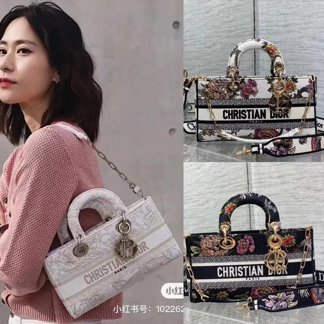 Dior Women's Bag Top version 【Original Genuine Goods Leather】D-Joy Horizontal Embroidery Platinum Magpie Embroidery Diana Bag-23Early Spring"Magpie Garden"Romantic Flower Embroidery Lady Package Horizontal Version Diana Bag