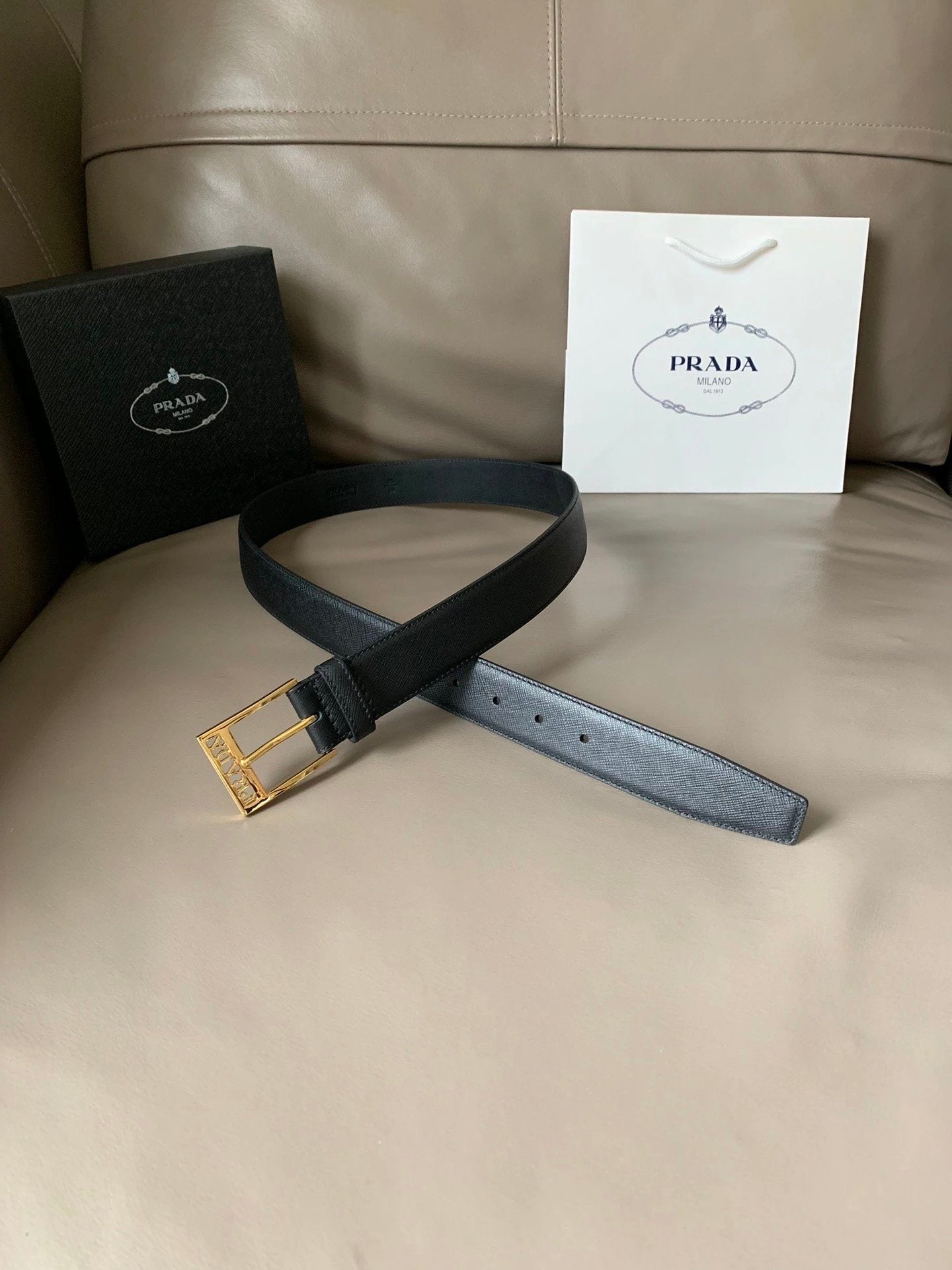 PRADA Belt Top version New Original Order Genuine Belt Men's Pin Buckle Belt Business Casual Cross Pattern Black Coffee Double-Sided Pure Original Leather Imported from Italy Cowhide Leather3.5