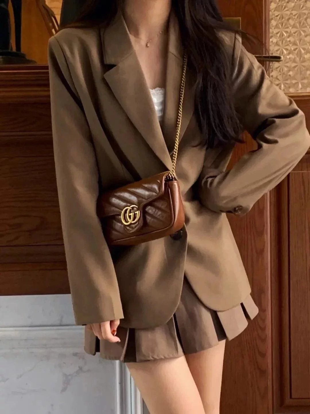 Gucci Women's Bag Top version 【**Version】Most High Quality Marmont Love Chain Bag Caramel mini16.5cm Small Size Medium Cattle Leather Bag Women's Bag574969