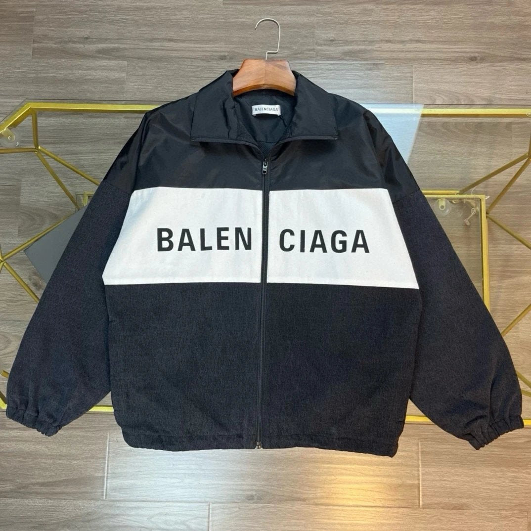 Balenciaga Jackets Runway Style Jacket with Denim Patchwork, Unisex Color Block High Street Retro Style