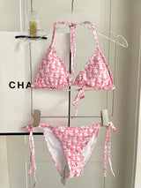 Dior Swimsuit Full Print Jacquard Bikini Two-Piece Swimsuit Sexy Backless White Small Chest Gathered Beach Pool Women's Swimwear Vacation Hot Spring