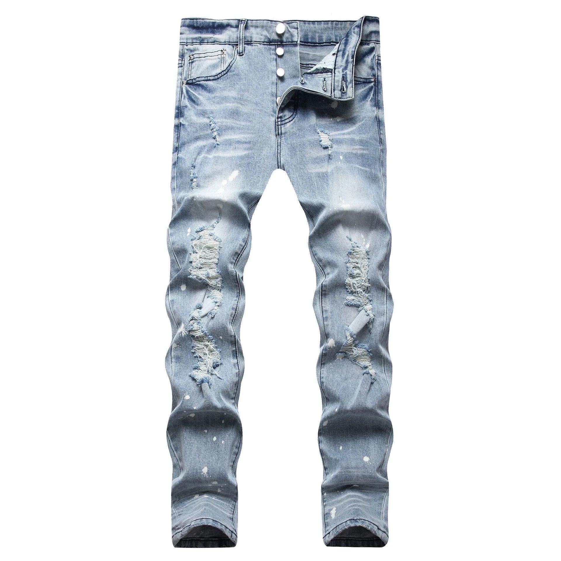 Amiri Jeans New Foreign Trade Style Fashion Blue with Holes Paste Cloth Embroidery Elastic Mid-Waist Feet Men's Jeans