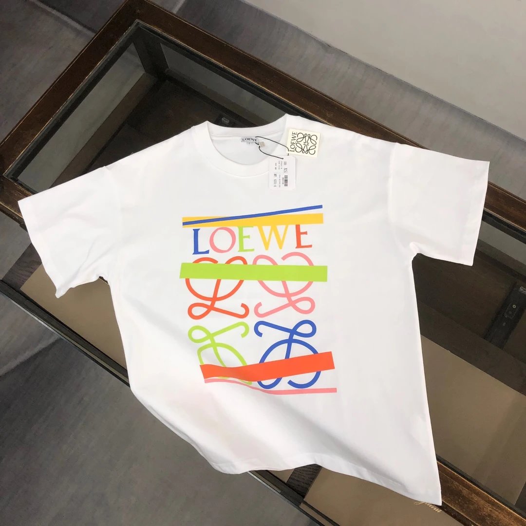 LOEWE T-shirt Colorful Letter Pattern Print on the Chest logo round Neck Short Sleeve25ss New pure cotton T Unisex T-Shirt OS Loose Fit Base Shirt Top Half Sleeve T-Shirt