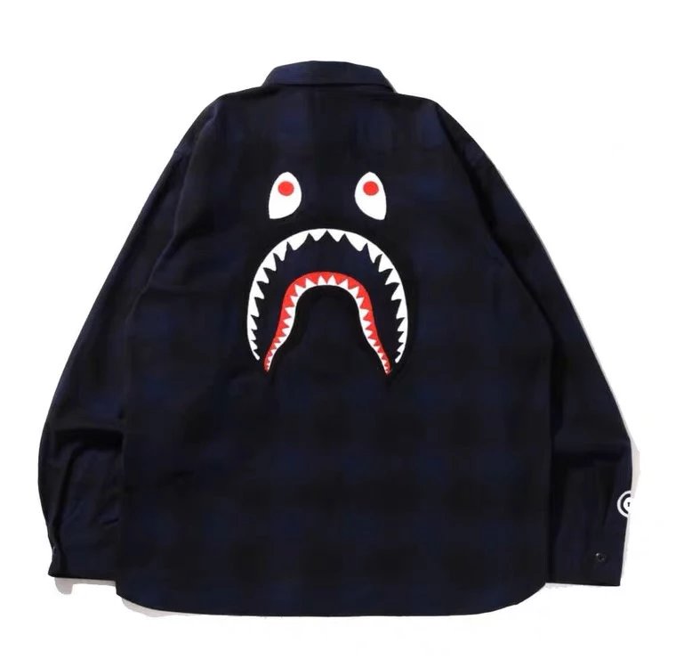 Bape Jackets Top Version22New Shark Letters Full Printed Plaid Pattern Long Sleeve Shirt Coat