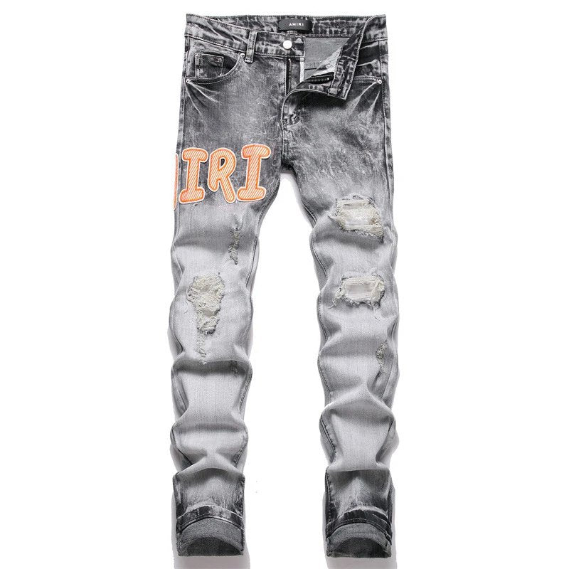 Amiri Jeans New Foreign Trade Style Fashion Blue with Holes Paste Cloth Embroidery Elastic Mid-Waist Feet Men's Jeans