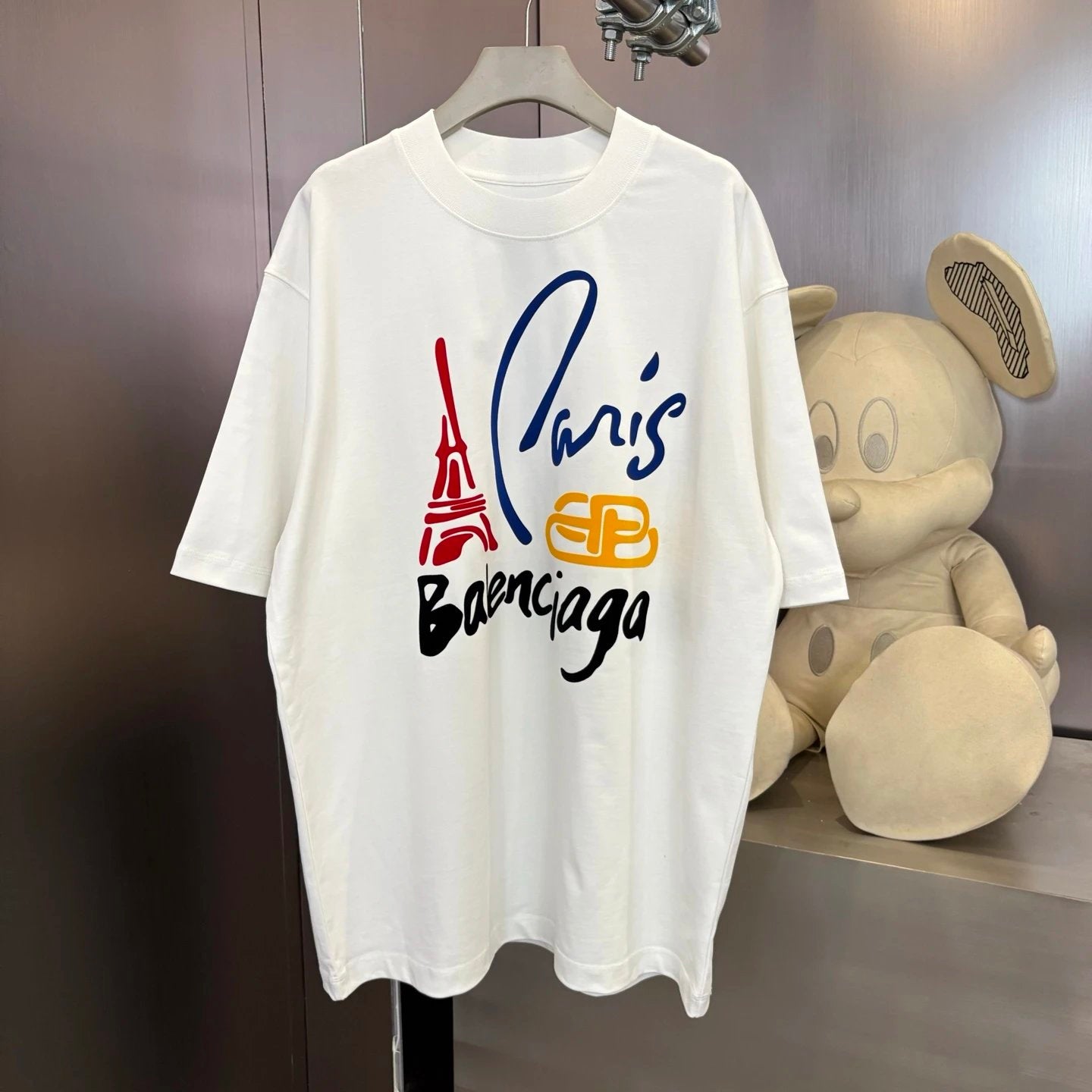 Balenciaga T-shirt Hand-drawn Letter Tower Print on Chest logo round Neck Short Sleeve25ss New pure cotton T Unisex T-Shirt OS Loose Fit Base Shirt Top Half Sleeve T-Shirt