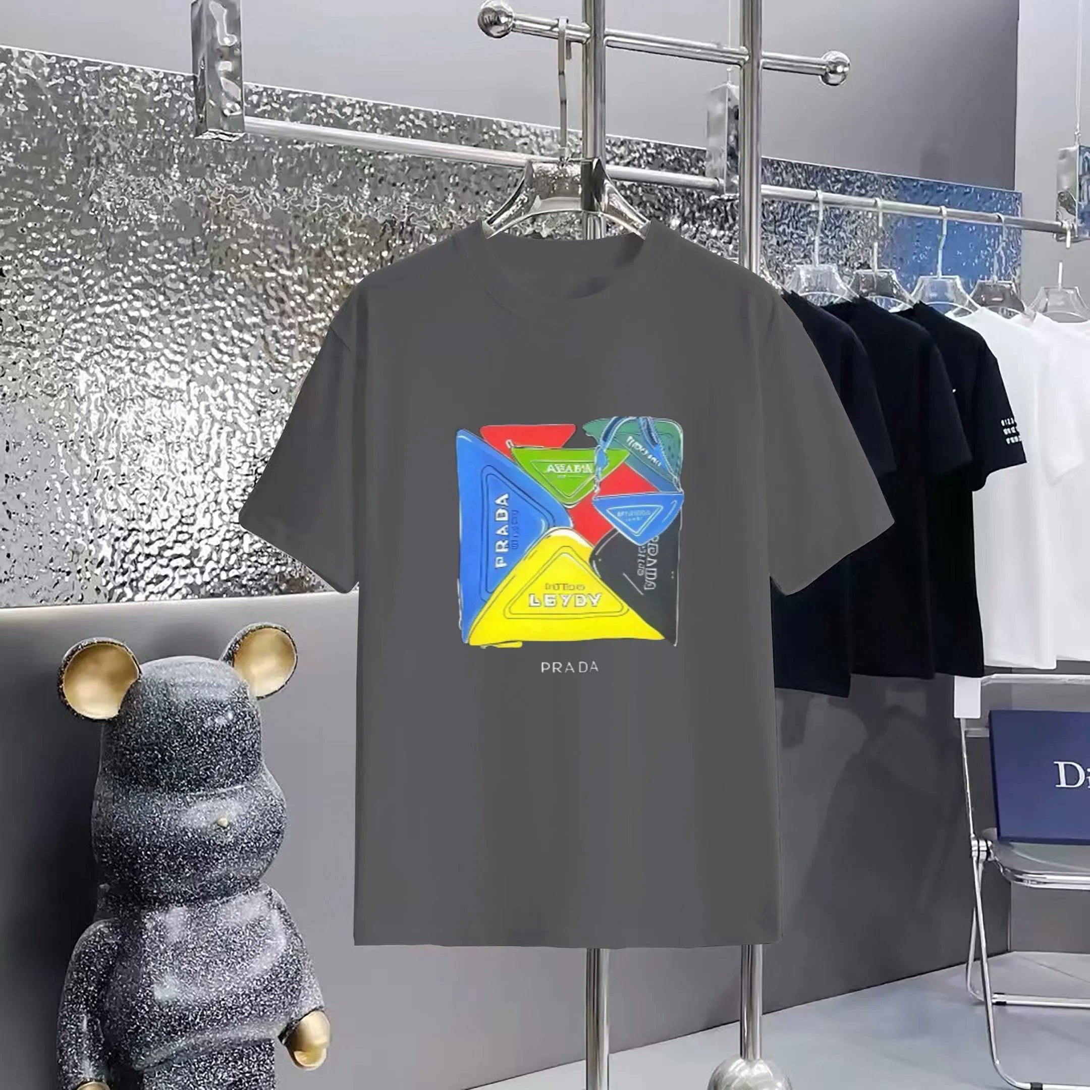 PRADA T-shirt Chest Patchwork Pattern Print logo round Neck Short Sleeve25ss New Pure Cotton Unisex Style T T-shirt OS Loose Fit Base Shirt Half Sleeve T-Shirt Top Half Sleeve