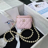 Chanel Women's Bag Top version 122P New Pearl Chain mini Box Bag Black Gold Sheepskin Mini Pearl Lipstick Pack Cosmetic Bag Shoulder Messenger Bag for Women AP2581