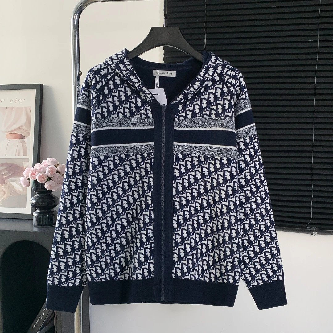 Dior Sweater Full Jacquard Print LOGO Zippered Hooded Sweater25ss Spring New Thickened Long Sleeve Pullover Unisex OS Loose Fit Top Versatile Casual Jacket
