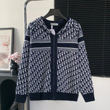 Dior Sweater Full Jacquard Print LOGO Zippered Hooded Sweater25ss Spring New Thickened Long Sleeve Pullover Unisex OS Loose Fit Top Versatile Casual Jacket