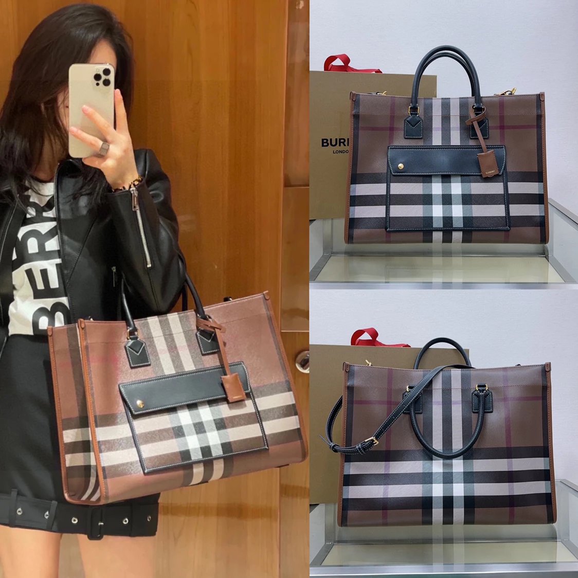 Burberry Women's Bag Top version 【Surrogate Shopping Grade Original Leather】Latest Mini Birch Brown Plaid Freya Tote Bag Large mini Tote Bag College Style Shoulder Women's Crossbody Handbag