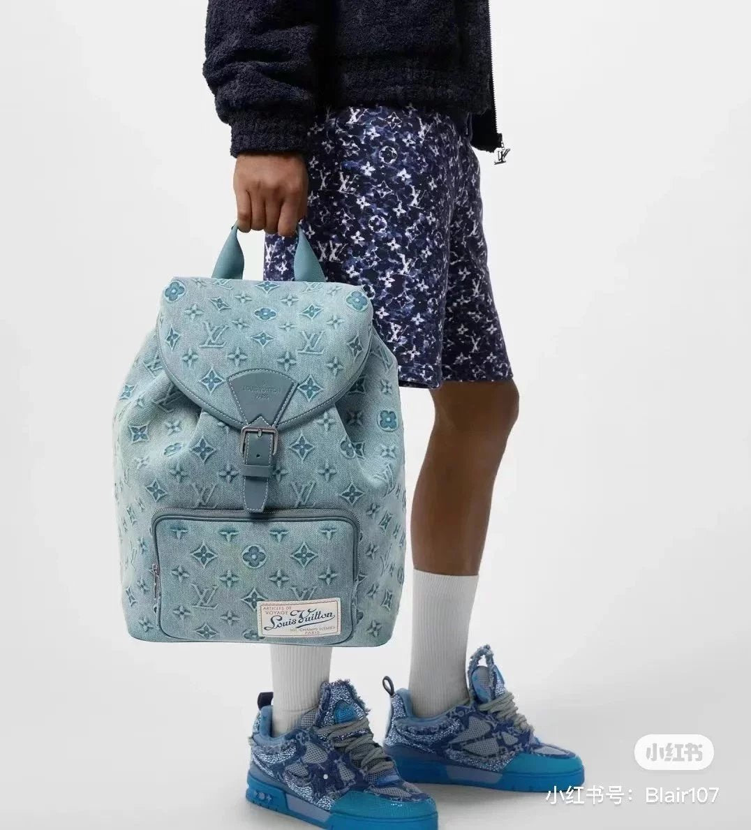 Louis Vuitton LV Backpack Top version 2023New Denim Blue Denim with Original Leather Backpackage Series Pattern Embossed Unisex Shoulder Messenger Bag Travel Travel Backpack Hiking Backpack School Bag