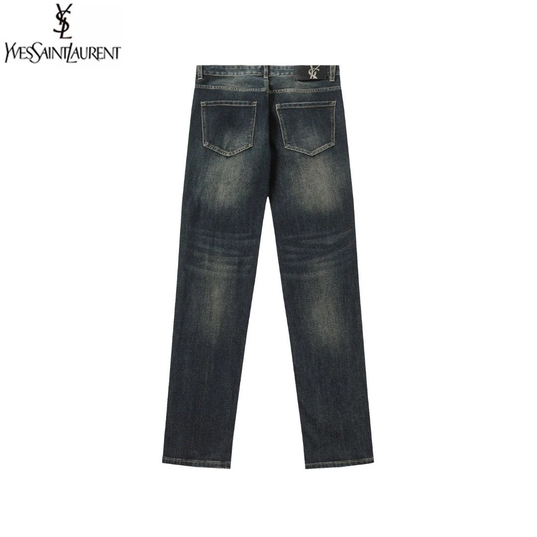 YSL Jeans Back Waist Leather Tag logo Straight Washed Blue Jeans Autumn Winter New Unisex Loose Casual Wide Leg High Waist Pants