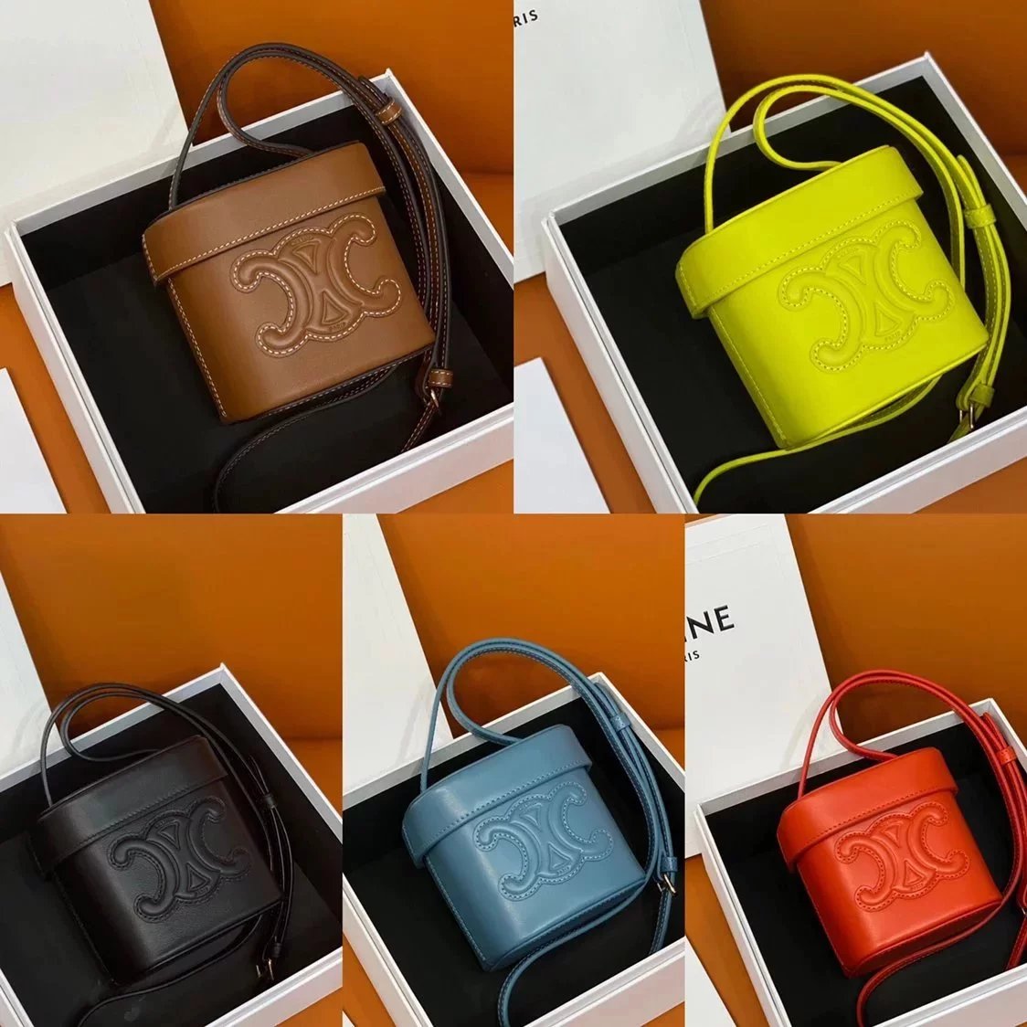 Celine women's bag Top version 【Version】New Product2022Spring and Summer New BOXTRIOMPHE Series Handbag Arc De Triomphe mini Bucket Bag New Color Multi-Profile Three-Dimensional Small Bucket Portable Small Messenger Bag Women's Bag