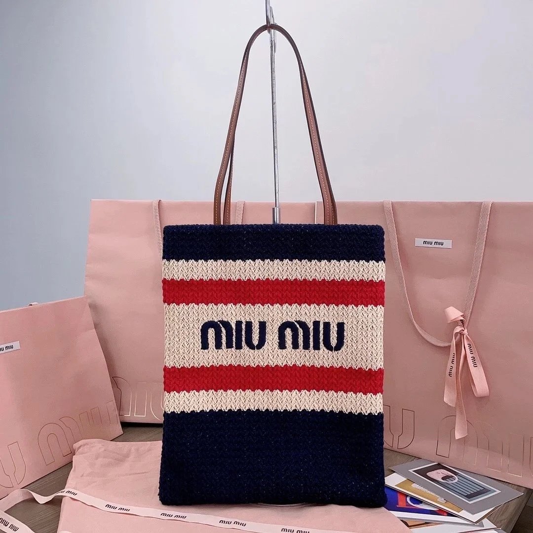 Miu Miu Bag Top version 【Original Version】Embroidery Beach Bag Vertical Super Heavy Industry Handmade Rainbow Woven Bag New Woven Tote tote Women's Bag Summer Hot Sale Beach Bag Imported Raffia Cotton Braided Tote Bag5BG248