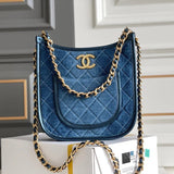 Chanel Women's Bag Top version 【Premium Genuine Goods Original Platinum Edition】24S Hot Hobo Crossbody Hippie Bag Original Factory Haas Calfskin Horizontal Version Hippie Bag Vertical Version Hippie Bag hobo Women's Bag Underarm Bag24s New Evlin Denim Den