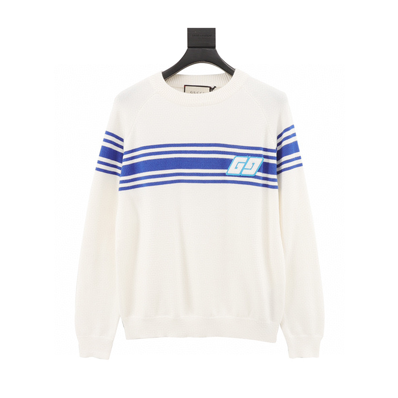 Gucci Sweater Blue Striped Jacquard Interlocking Embroidered Sweater for Men and Women