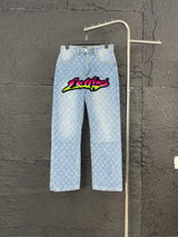 Louis Vuitton LV Jeans Gradient Graffiti Full Print Toothbrush logo25ss Spring Summer New Straight Slim Fit Jeans Unisex Loose Fit Long Pants