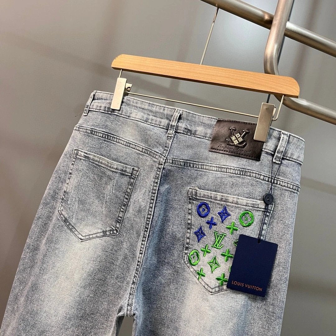 Louis Vuitton LV Jeans Back Pocket Brand Letters logo Straight Washed Blue Jeans Autumn and Winter New Casual Wide Leg High Waist Men and Women Same Long Pants Loose
