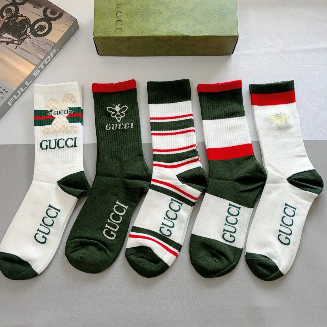 Gucci Sock 【a Box5Double】Classic Pair G Letters logo 100% Cotton Long Tube Breathable Fashion25ss New Cotton Socks Thin Business Sports Casual Spring Summer Autumn Versatile Deodorant Sweat-Absorbing