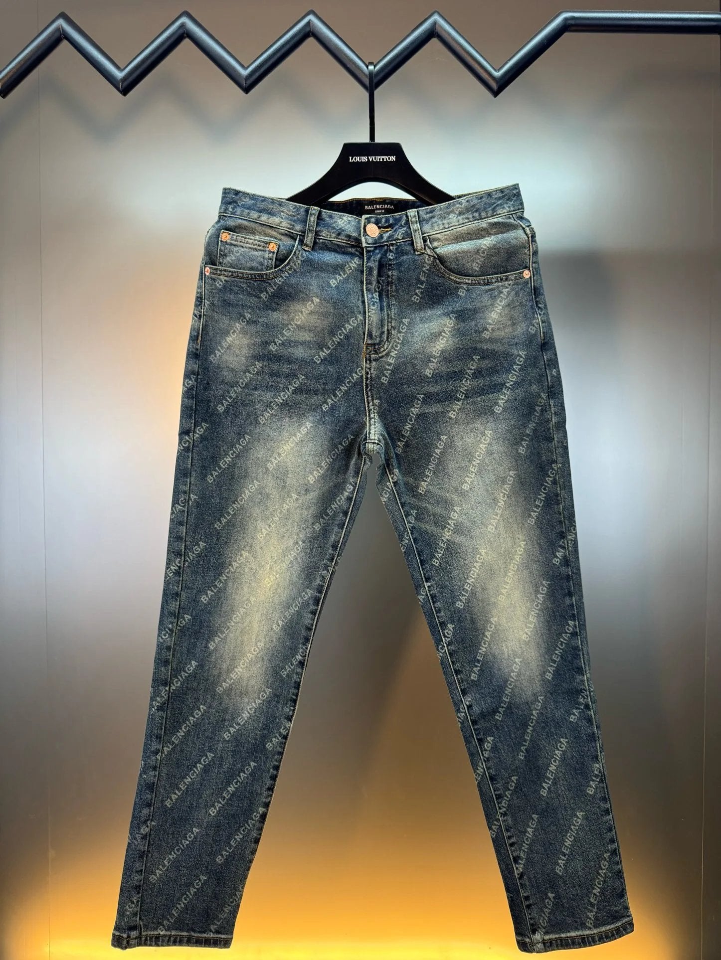 Balenciaga Jeans over Printed Letters logo Washed Blue Jeans Autumn Winter New Straight Leg Loose Casual Wide Leg High Waist