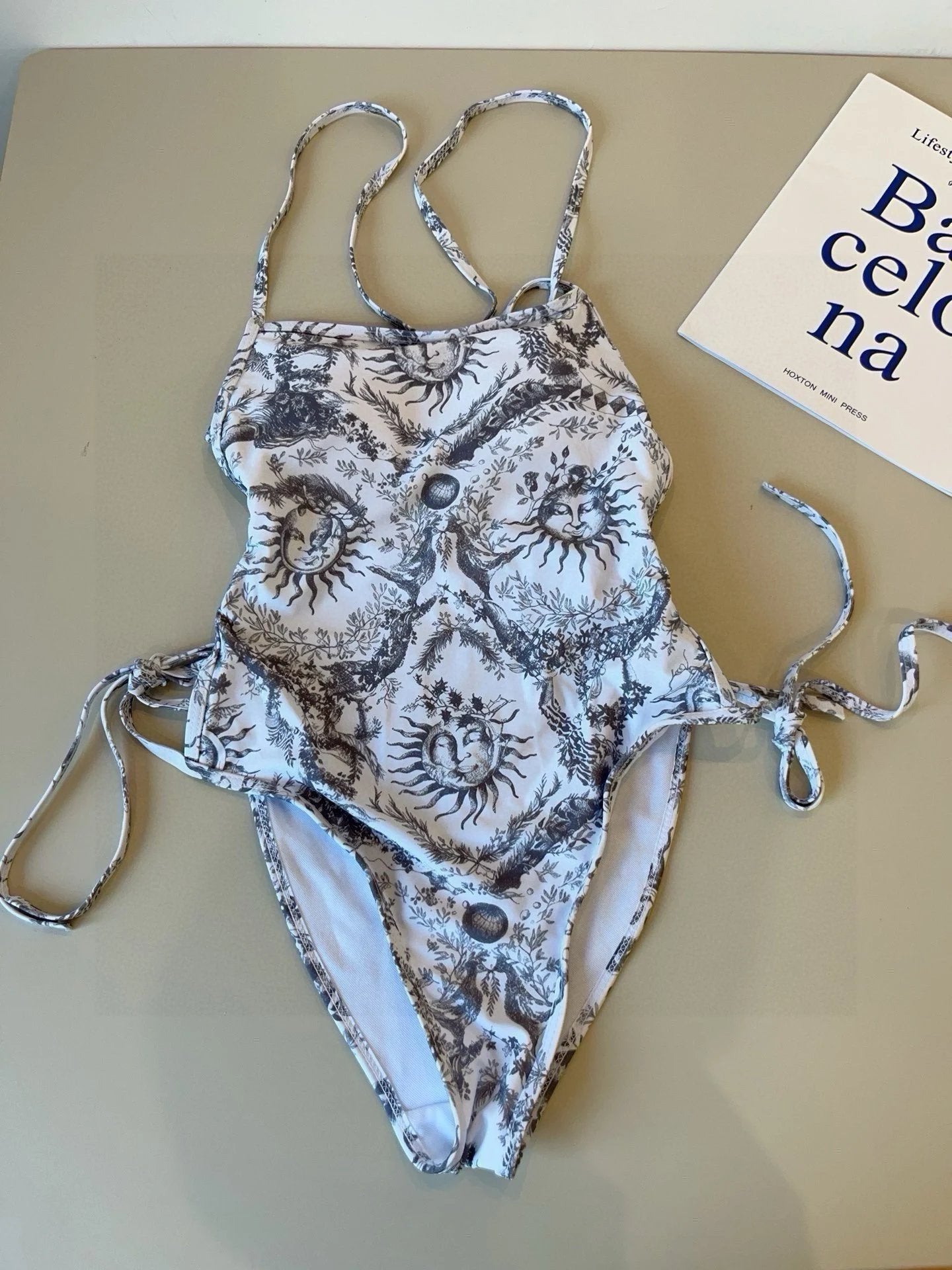 Dior Swimsuit Full Print Sun Pattern Bikini One-Piece Swimsuit Sexy Beach Pool Vacation Hot Spring Small Chest Gathered Backless White Women's Swimwear