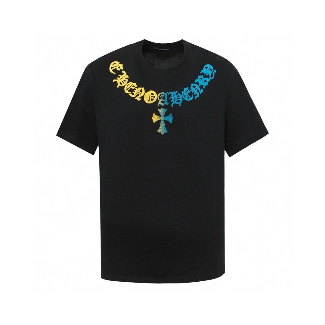 Chrome Hearts T-shirt Front and Back Sanskrit Script Toothbrush Embroidered Round Neck Short Sleeve25ss New Pure Cotton Unisex Style T T-shirt OS Loose Fit Base Shirt Short Sleeve T-Shirt Top