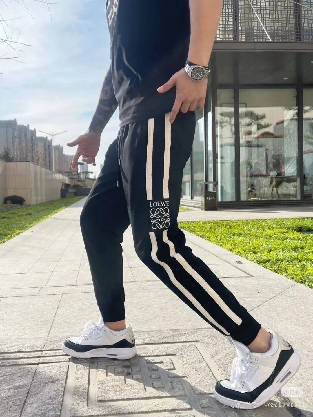 LOEWE Sweatpants Side Edge Ribbon Embroidery logo Drawstring Jogger Sweatpants for Men and Women, Autumn and Winter Loose Fit, High Waist, Color Block, Plus Size, Casual Pants
