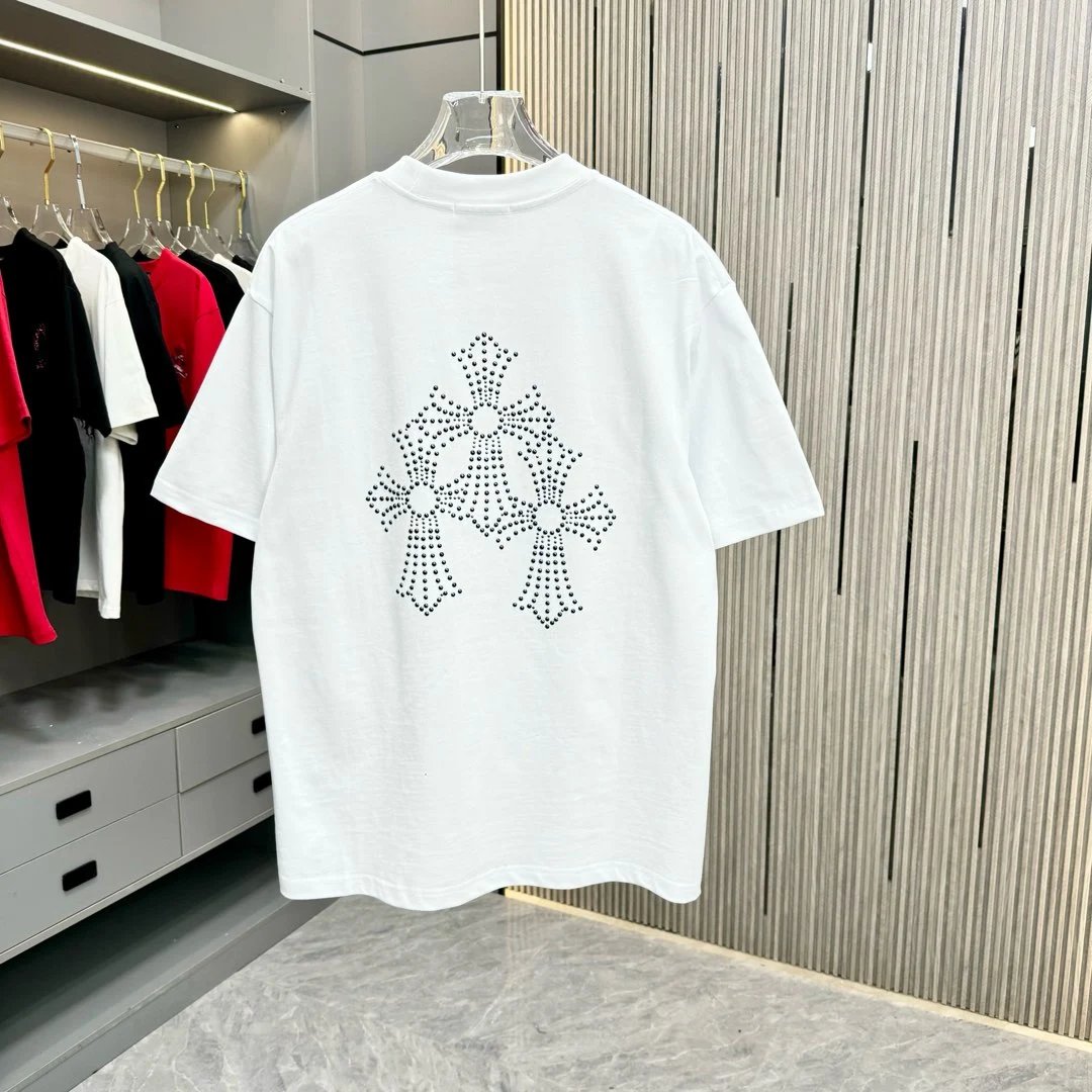 Chrome Hearts T-shirt A semicircular diamond and cut arrangement on the chest logo round Neck Short Sleeve25ss New pure cotton T Unisex T-Shirt OS Drop Shoulder Loose Fit Base Shirt Top T-Shirt Short Sleeve