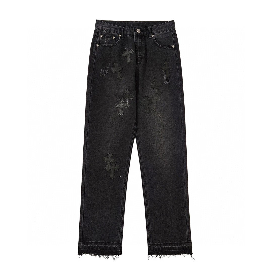 Chrome Hearts Jeans Top Version Gothic Cross Leather Tag Black Washed Trousers Casual Men and Women Slightly Loose All-Matching Contraction Trouser