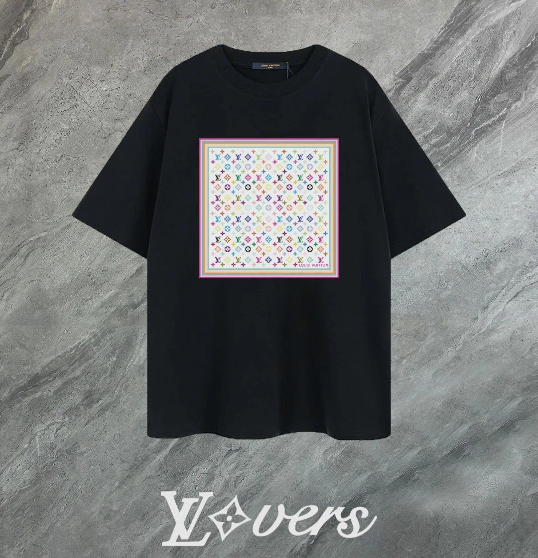 Louis Vuitton LV T-shirt Square Colorful Mesh Print on the Chest logo round Neck Short Sleeve25ss New pure cotton T Unisex T-Shirt OS Loose Fit Base Shirt Top Half Sleeve T-Shirt