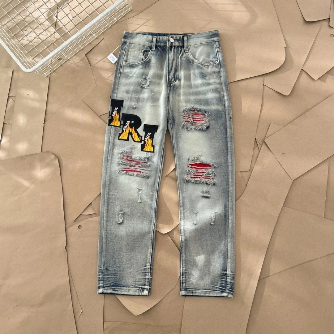 Amiri Jeans Front and Back Flame Letter Patch logo25ss Spring Summer New Straight Slim Fit Jeans Unisex Loose Fit Long Pants