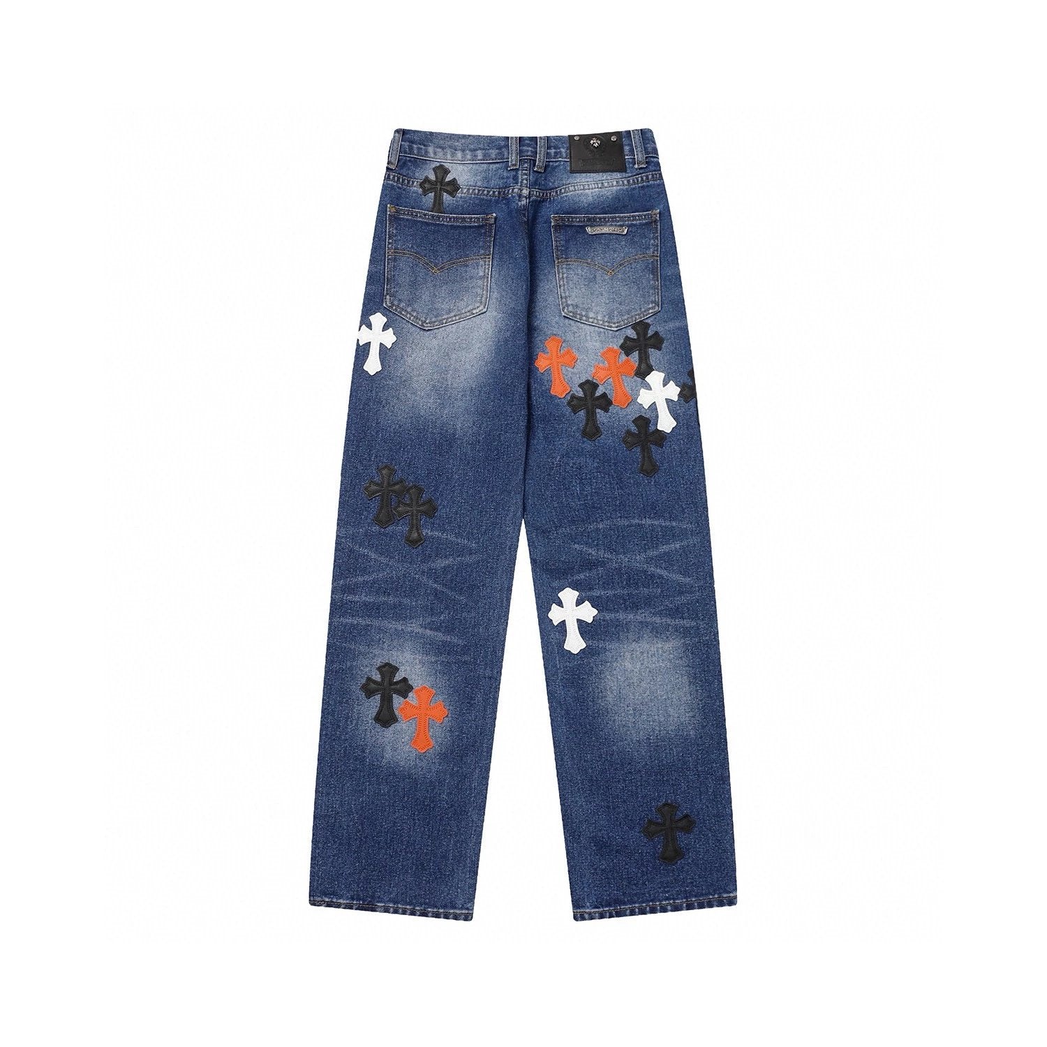 Chrome Hearts Jeans Top Version Jeans Cross Leather Tag Version Worn Jeans Casual Men and Women Slightly Loose All-Matching Contraction Trouser