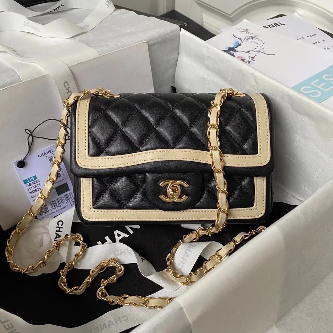 Chanel Women's Bag Top version 【**Original Leather】123B New CF Flap Bag Panda Color Retro Chain Bag Mobile Phone Bag Black and White Color Matching Crossbody Shoulder Portable Multiple Back Methods as4289as4288