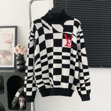Louis Vuitton LV Sweater Irregular Twisted Black and White Checkerboard Pattern Turtleneck Sweater25ss Spring New Thickened Long Sleeve Pullover Unisex OS Loose Fit Top Versatile Casual Jacket Lazy Style