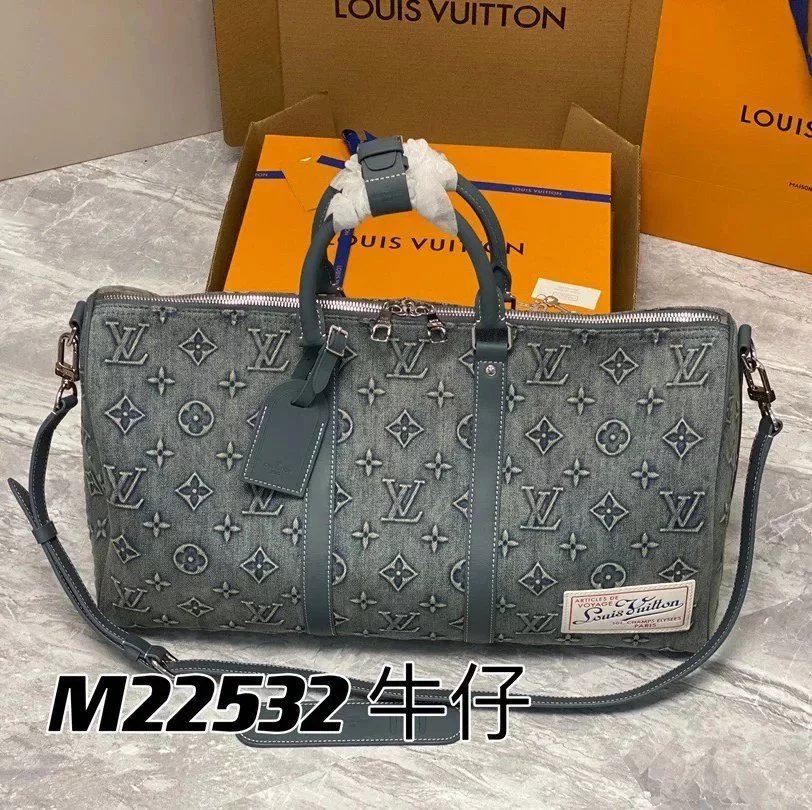 Louis Vuitton LV Travel Bag Top version New Blue Color Denim Denim Embossed Travel Bag Men's Portable Travel Bag Luggage Bag Crossbody Shoulder Men's Bag24New Denim Denim Travel Bag45cm