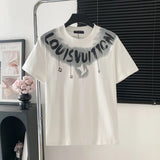 Louis Vuitton LV T-shirt Neckline logo Printed Letter Crew Neck Short Sleeve25ss New Pure Cotton Unisex Style T Casual T-Shirt Base Layer Shirt OS Loose Fit Half Sleeve Top Plus Size