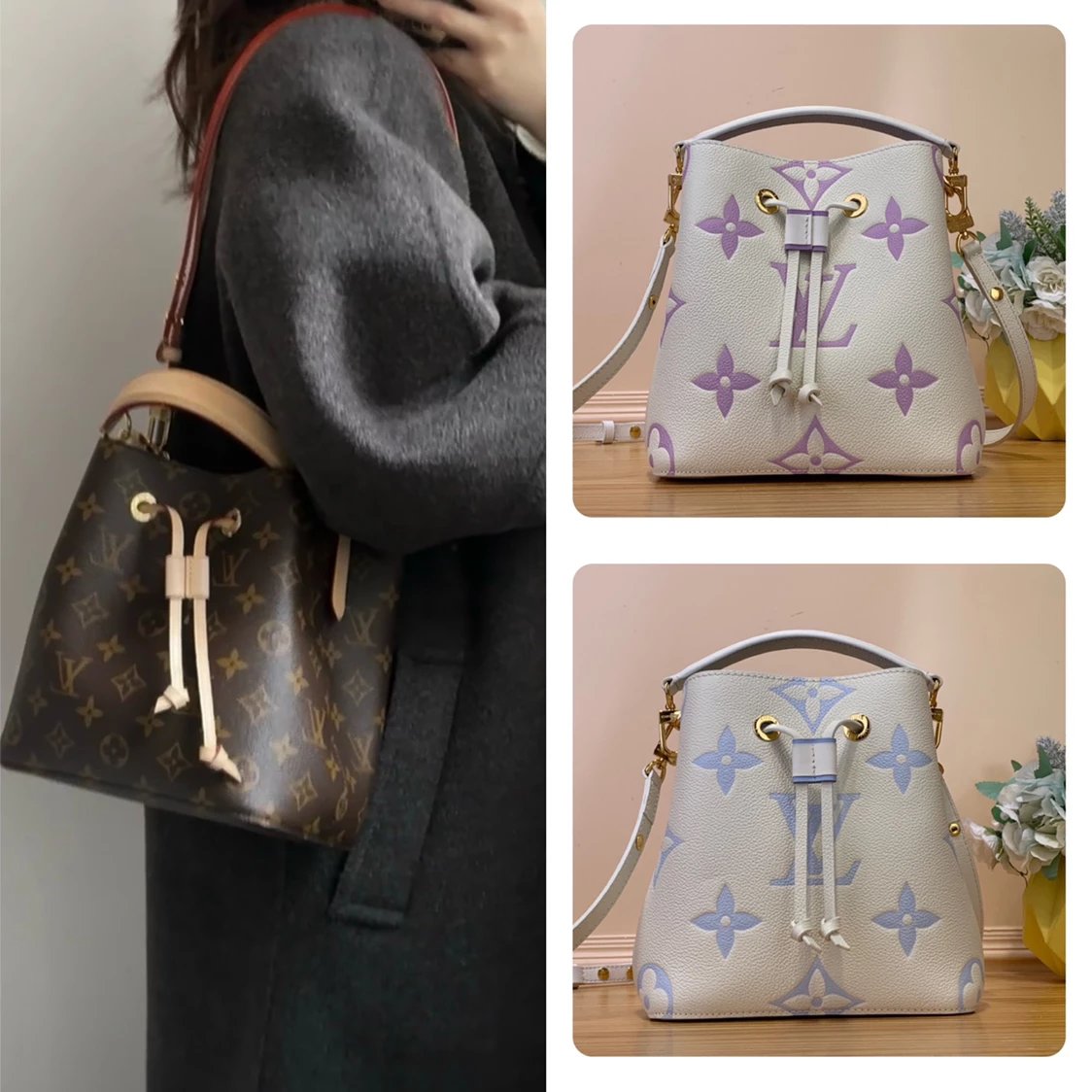 Louis Vuitton LV Women's Bag Top version 【New Original Leather】M46581Mini Bucket Bag Series neonoebb Handbag Small Bucket Shoulder Crossbody Handbag24Spring and Summer New Color Taro Purple Cream Blue Matcha Green nano Small bucket bag M24048M45716M45709