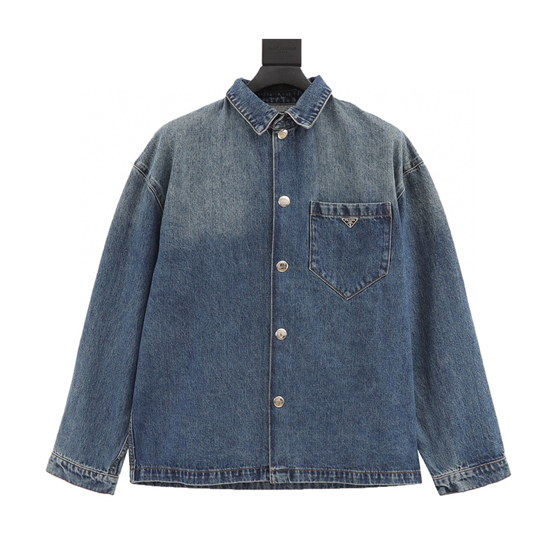 PRADA Shirt Pocket Triangle Mark Tannin Denim Shirt Jacket Same Style for Men and Women