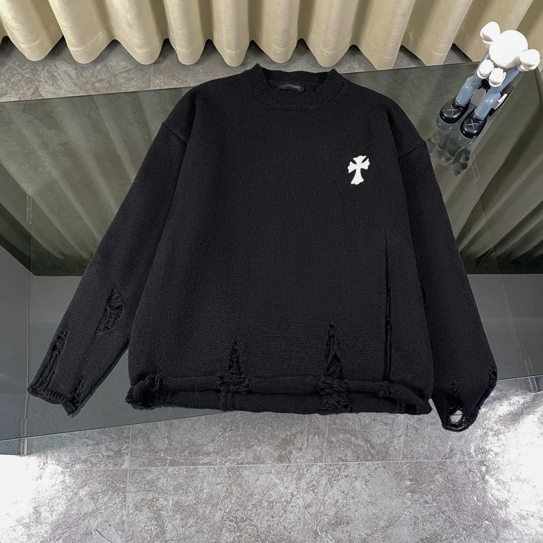 Chrome Hearts Sweater Patchwork Distressed Knit Crew Neck Sweater Long Sleeve Pullover Thickened Lazy Style OS Loose Fit Knit Jacket Unisex Casual Wearable Inside and Outside Versatile