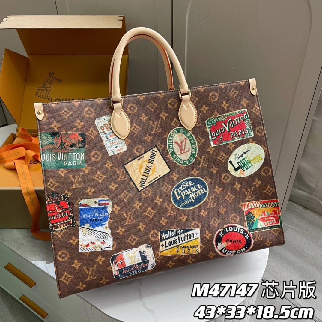 Louis Vuitton LV Women's Bag Top version 【Transcoding Chip Version】24New OnthegoVoyage Tote Bag Vintage Badge Cubic Bag Large Tote Bag Shoulder Messenger Hand Shopping Bag M47147