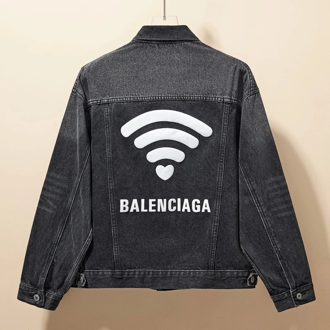 Balenciaga Jackets Oversized Wifi Pattern Design Heavy Embroidery Denim Jacket Unisex Versatile Casual