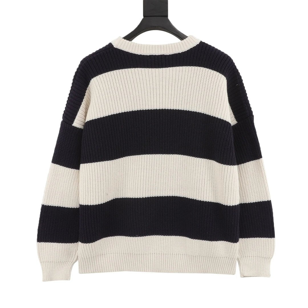 Celine Sweater Black and White Thick Striped Letter Crew Neck Sweater Long Sleeve Thickened Lazy Style Unisex Loose Knit Top Coat Versatile Casual Wear