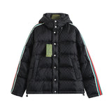 Gucci Down Jacket Red and Green Webbing Mid-Length Jacquard Element Down Jacket90White Duck Down Hooded Thickened Warm Puffer Jacket os Unisex Fit Jacket24ss New Winter Products