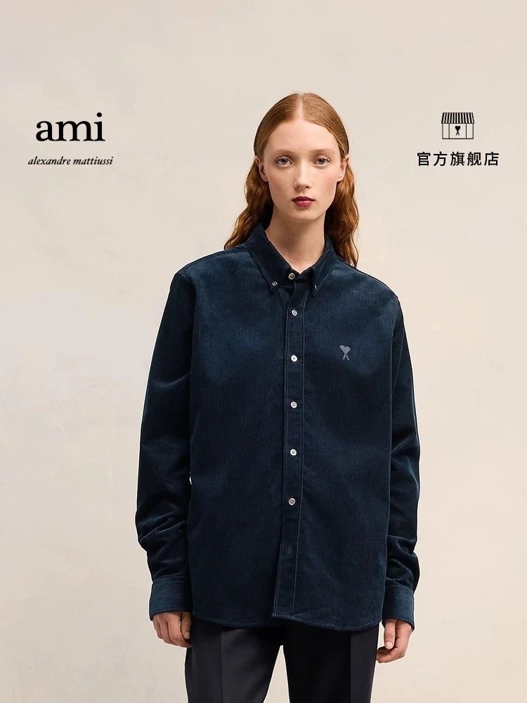 Ami Shirt Top Version for Men and Women24Autumn Same Color Love Casual Cotton Corduroy Shirt Shirt